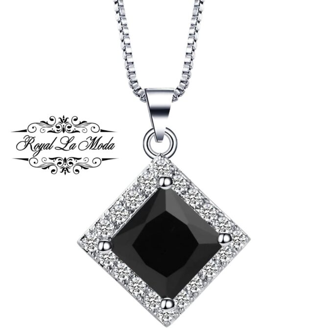 RLM Black Stone Diamond Square Zircon Silver Necklace