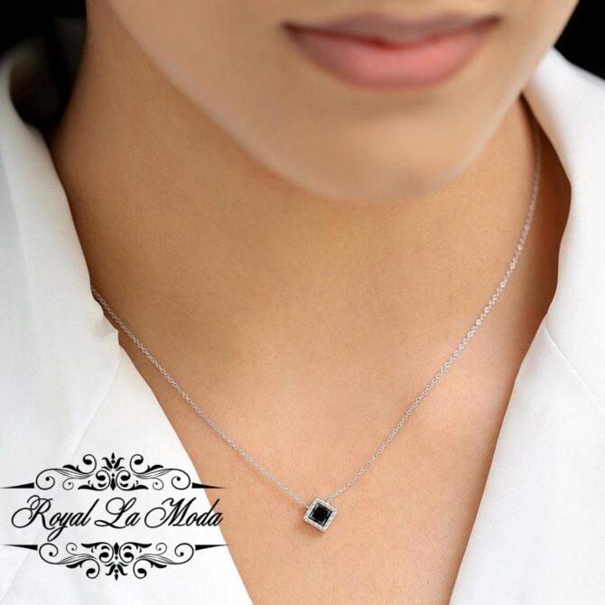 RLM Black Stone Diamond Square Zircon Silver Necklace - Image 2