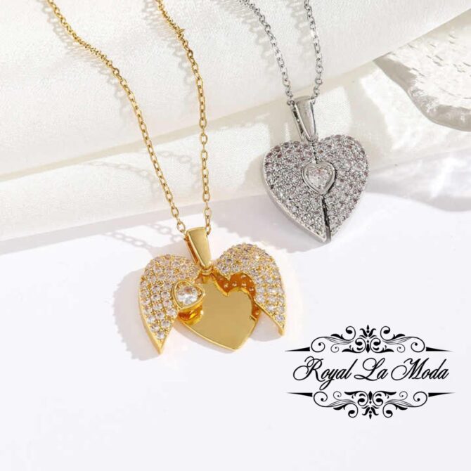 RLM Stainless Steel Gold Heart Necklace Opening Angel Wings Heart Shaped Pendant Necklace